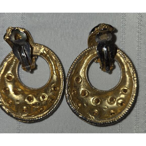 Vintage 80s 90s Black Enamel Clip On Drop Earrings Gold Tone Rhinestones Dangle - Picture 5 of 9